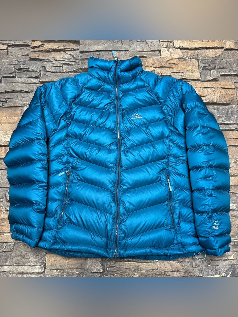 LL Bean 850 Goose Down Puffer Jacket Women Medium Blue Full Zip Pockets DownTek
